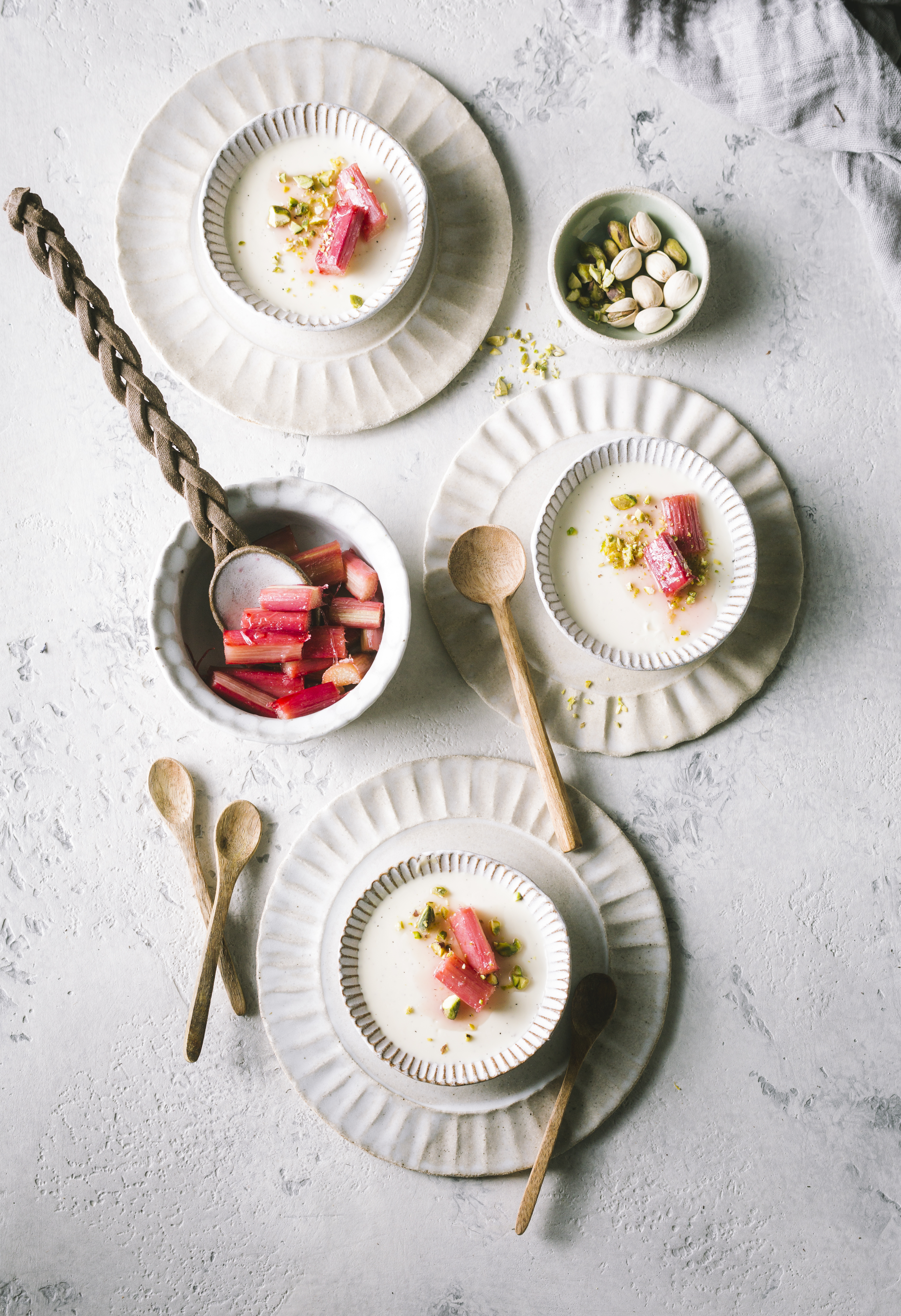VANILLA PANNACOTTA WITH ROASTED RHUBARB AND PISTACHIOS