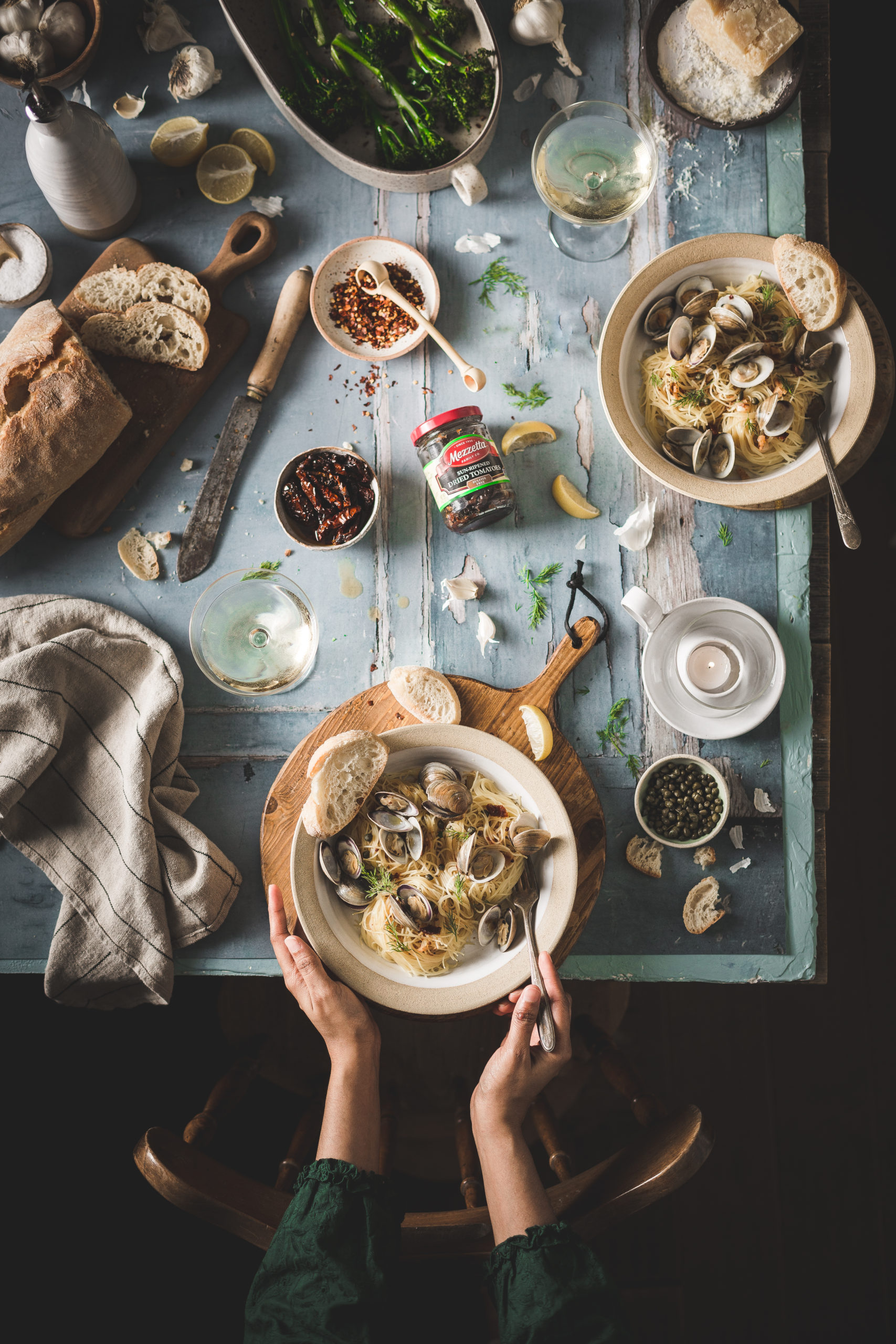 Capellini Pasta In White Wine Clam Sauce With Mezzetta’s Sun-dried Tomatoes, Garlic And Capers