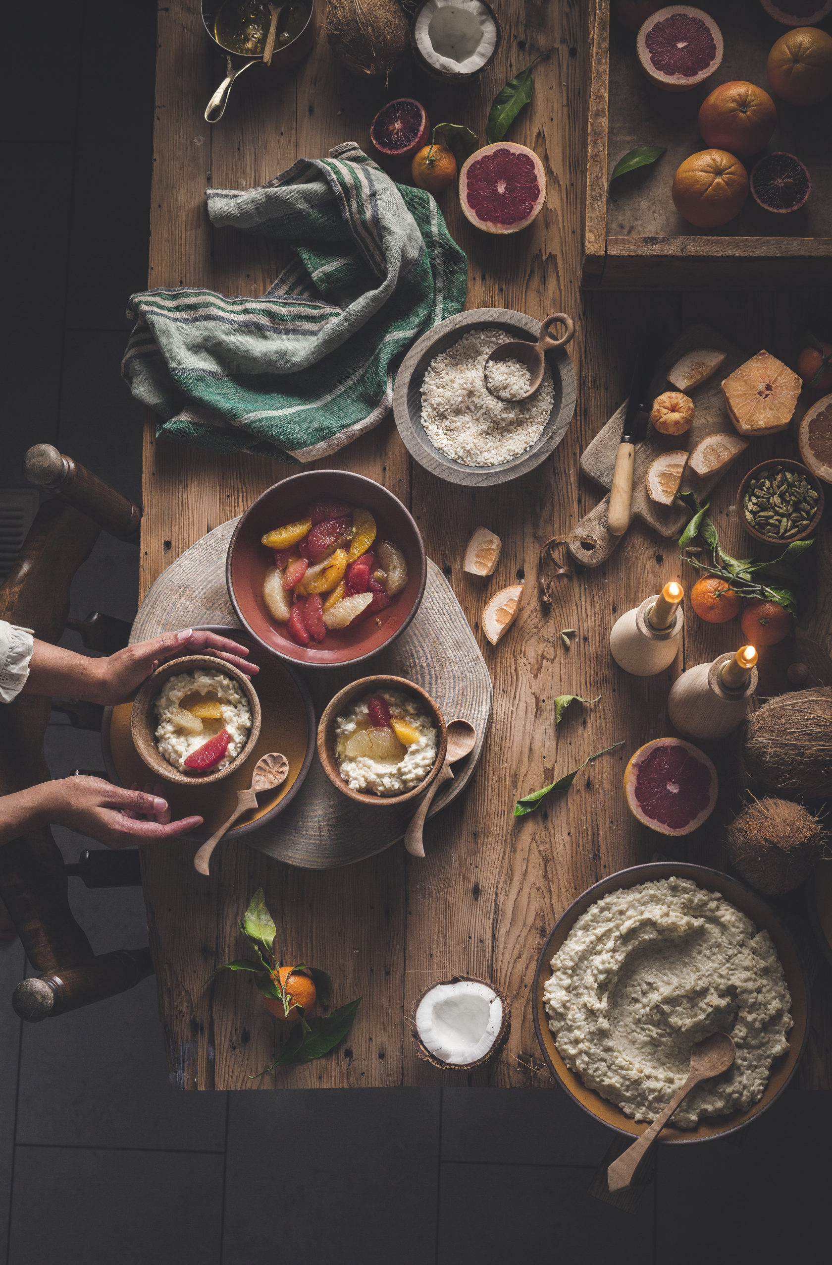 Coconut Milk Rice Pudding With Saffron Cardamom Syrup and Citrus Salad