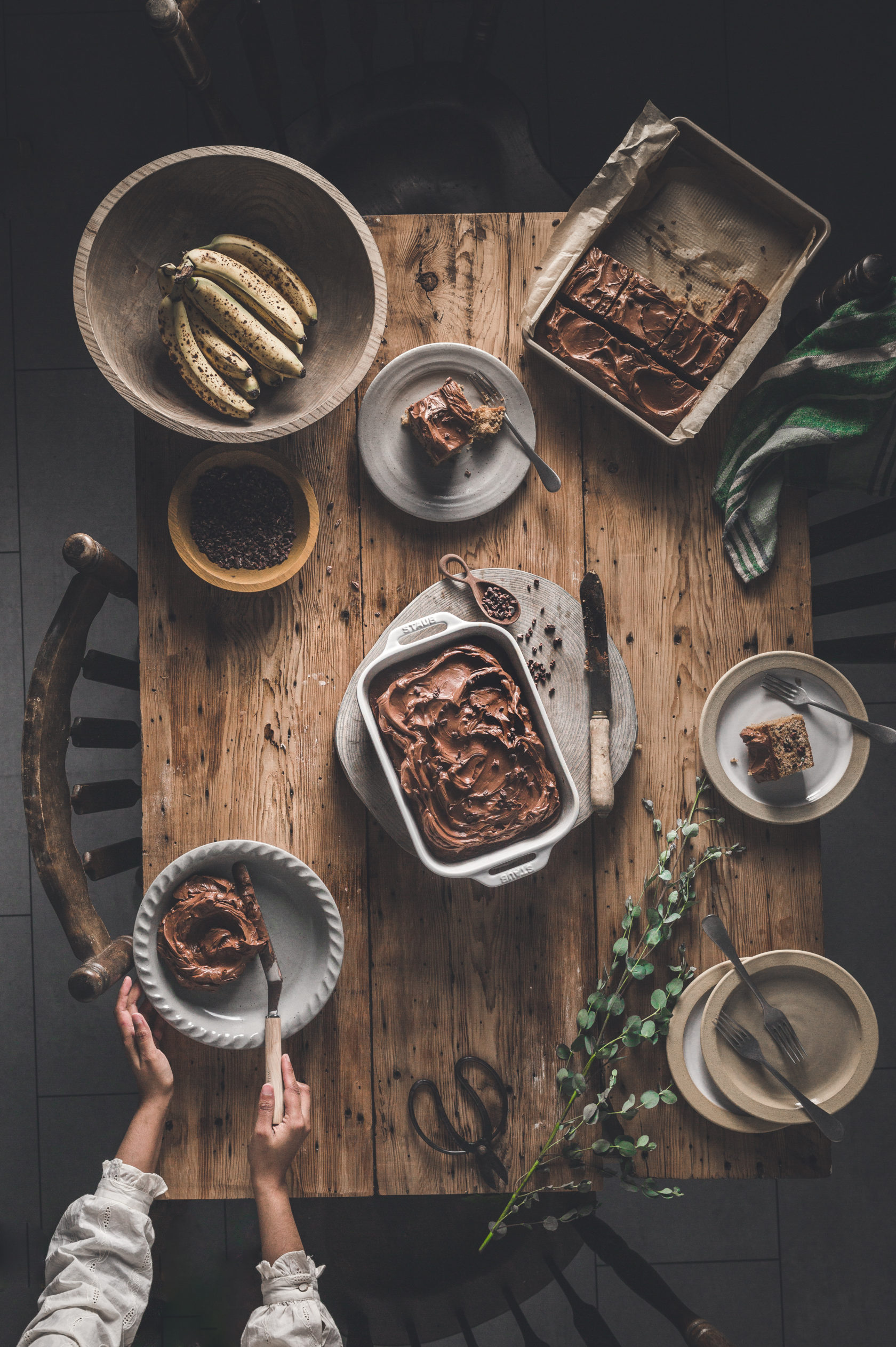 Banana sheet cake with cacao nibs and chocolate fudge frosting