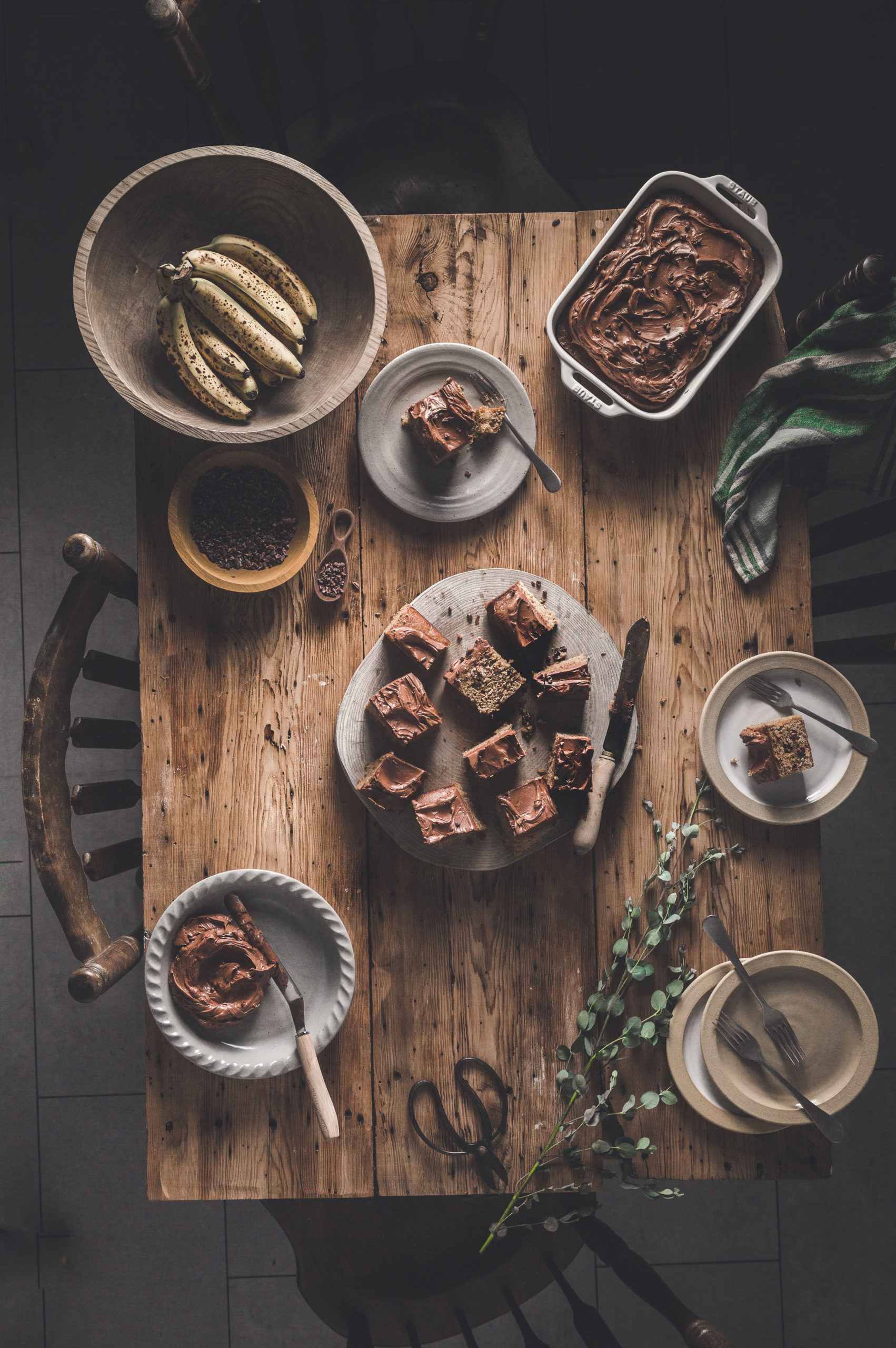 Banana sheet cake with cacao nibs and chocolate fudge frosting