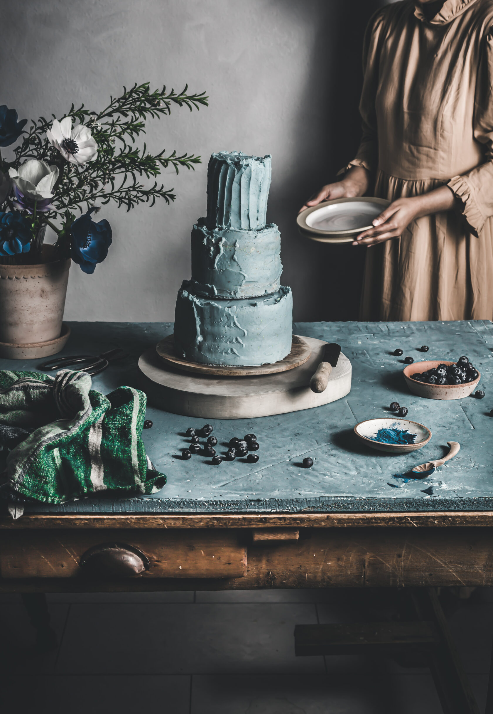 Lemon chiffon cake with aqua blue spirulina frosting